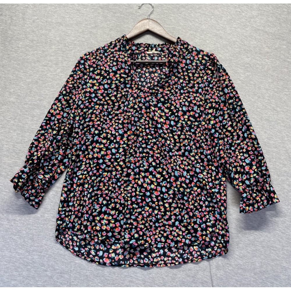 Jodifl Blouse Top Women XS Multicolor Abstract Confetti Print V Neck Ruffle Trim
